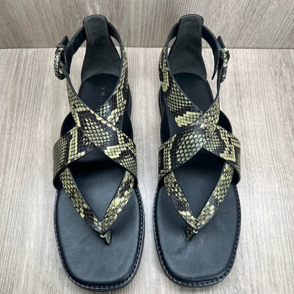Vince Morris Strappy Flat Sandals 10M Snake Skin Ankle Strap Leather Green Black - Picture 4 of 14